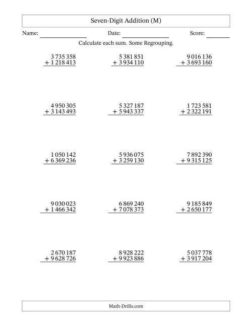 The Seven-Digit Addition With Some Regrouping – 15 Questions – Space Separated Thousands (M) Math Worksheet