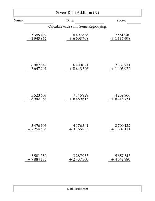 The Seven-Digit Addition With Some Regrouping – 15 Questions – Space Separated Thousands (N) Math Worksheet