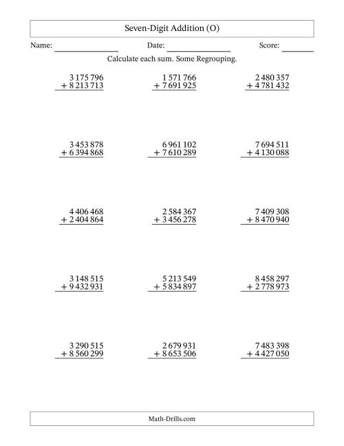 The Seven-Digit Addition With Some Regrouping – 15 Questions – Space Separated Thousands (O) Math Worksheet
