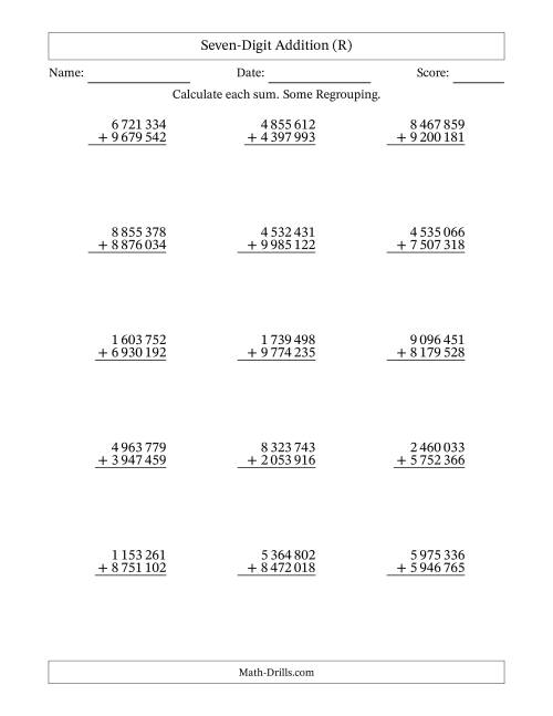 The Seven-Digit Addition With Some Regrouping – 15 Questions – Space Separated Thousands (R) Math Worksheet