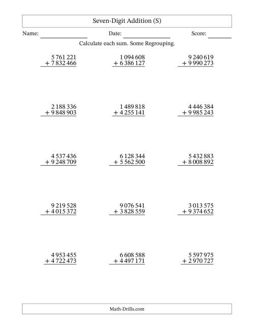 The Seven-Digit Addition With Some Regrouping – 15 Questions – Space Separated Thousands (S) Math Worksheet