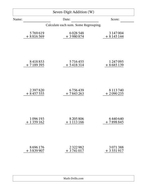 The Seven-Digit Addition With Some Regrouping – 15 Questions – Space Separated Thousands (W) Math Worksheet
