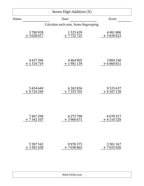 The Seven-Digit Addition With Some Regrouping – 15 Questions – Space Separated Thousands (X) Math Worksheet