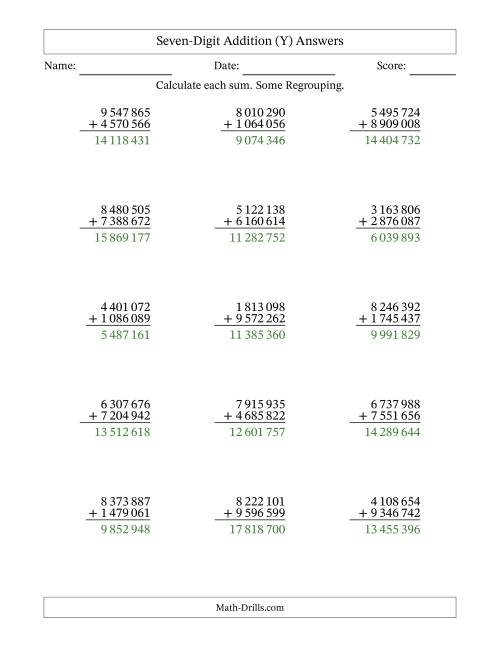 The Seven-Digit Addition With Some Regrouping – 15 Questions – Space Separated Thousands (Y) Math Worksheet Page 2