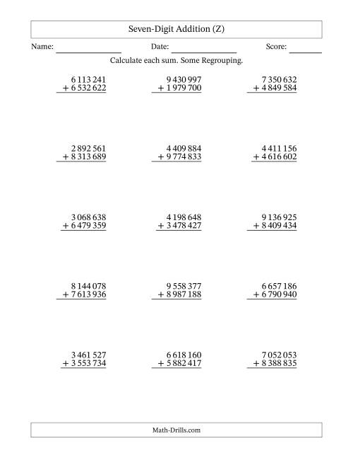 The Seven-Digit Addition With Some Regrouping – 15 Questions – Space Separated Thousands (Z) Math Worksheet