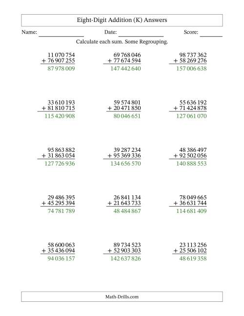 The Eight-Digit Addition With Some Regrouping – 15 Questions – Space Separated Thousands (K) Math Worksheet Page 2