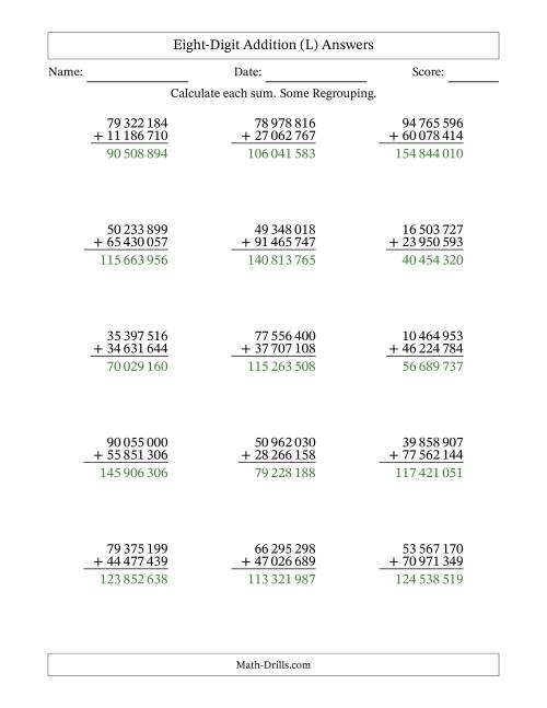 The Eight-Digit Addition With Some Regrouping – 15 Questions – Space Separated Thousands (L) Math Worksheet Page 2
