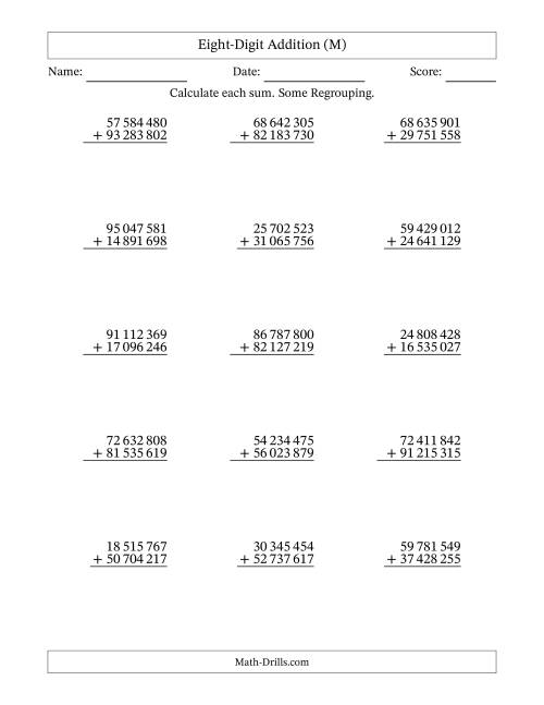 The Eight-Digit Addition With Some Regrouping – 15 Questions – Space Separated Thousands (M) Math Worksheet