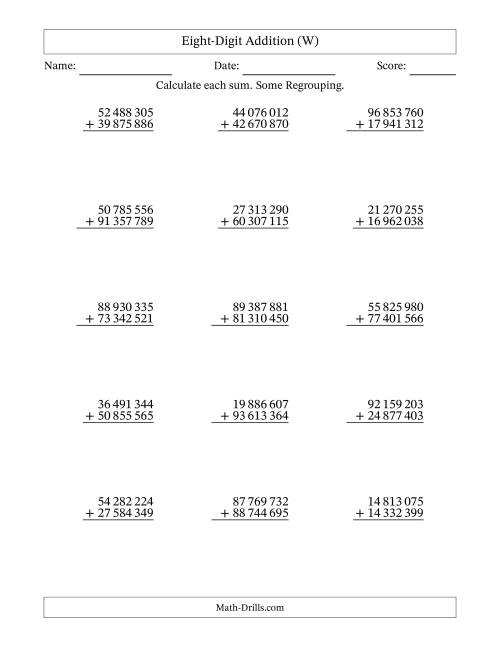 The Eight-Digit Addition With Some Regrouping – 15 Questions – Space Separated Thousands (W) Math Worksheet
