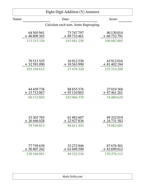 The Eight-Digit Addition With Some Regrouping – 15 Questions – Space Separated Thousands (Y) Math Worksheet Page 2