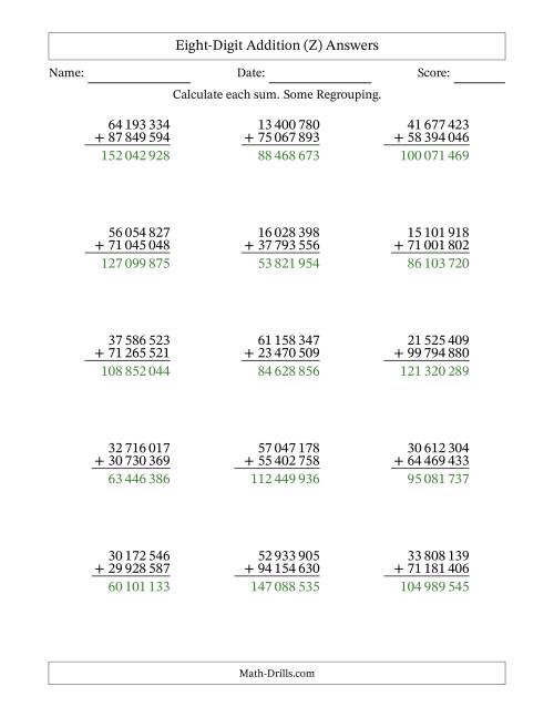 The Eight-Digit Addition With Some Regrouping – 15 Questions – Space Separated Thousands (Z) Math Worksheet Page 2