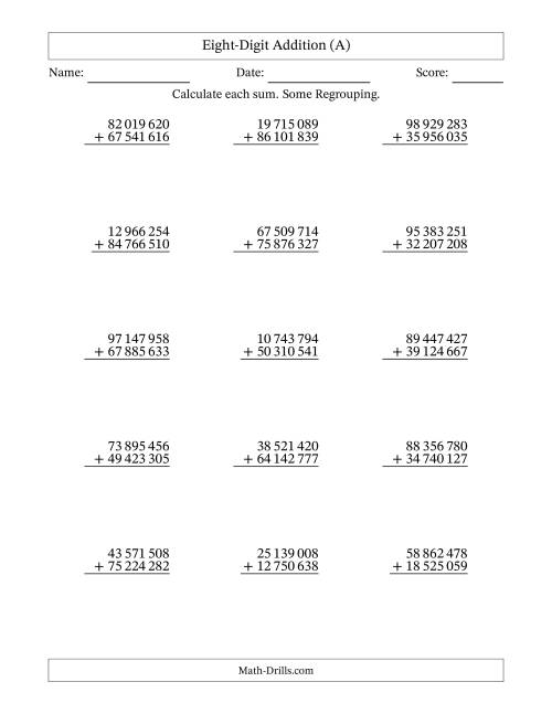 8-Digit Plus 8-Digit Addition with SOME Regrouping and Space-Separated ...