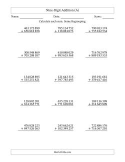 Nine-Digit Addition With Some Regrouping – 15 Questions – Space Separated Thousands