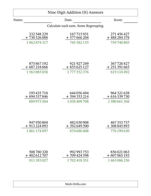 9-Digit Plus 9-Digit Addition with SOME Regrouping and Space-Separated ...