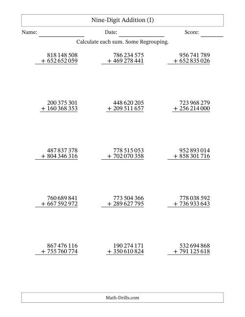 The Nine-Digit Addition With Some Regrouping – 15 Questions – Space Separated Thousands (I) Math Worksheet
