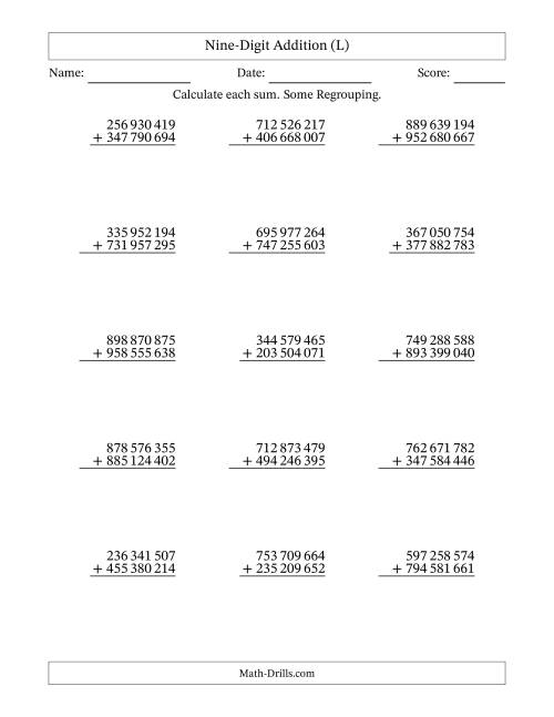 The Nine-Digit Addition With Some Regrouping – 15 Questions – Space Separated Thousands (L) Math Worksheet