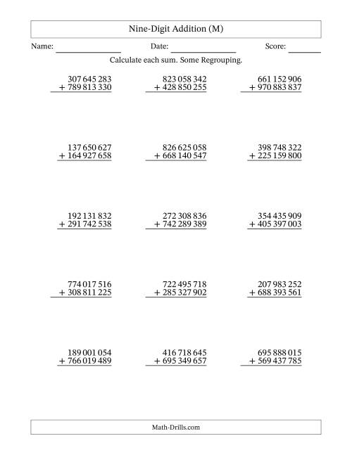 The Nine-Digit Addition With Some Regrouping – 15 Questions – Space Separated Thousands (M) Math Worksheet