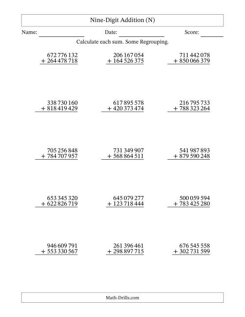 The Nine-Digit Addition With Some Regrouping – 15 Questions – Space Separated Thousands (N) Math Worksheet