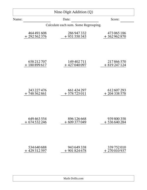The Nine-Digit Addition With Some Regrouping – 15 Questions – Space Separated Thousands (Q) Math Worksheet