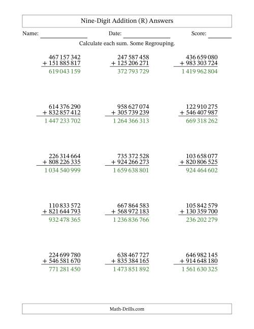 The Nine-Digit Addition With Some Regrouping – 15 Questions – Space Separated Thousands (R) Math Worksheet Page 2