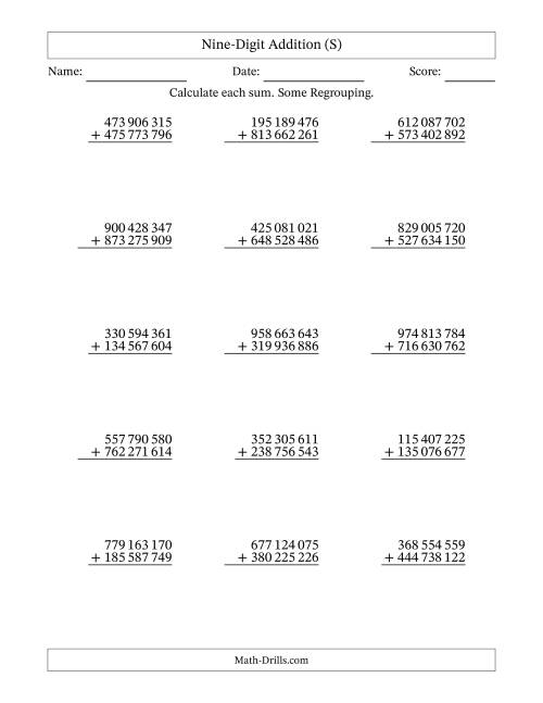 The Nine-Digit Addition With Some Regrouping – 15 Questions – Space Separated Thousands (S) Math Worksheet