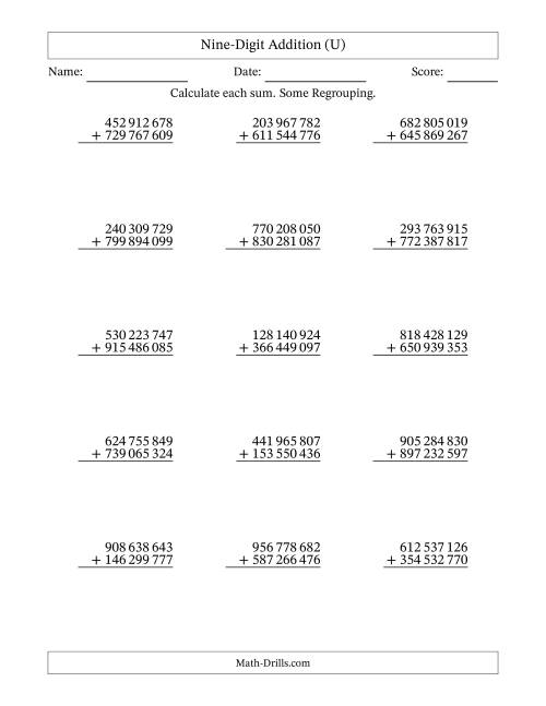 The Nine-Digit Addition With Some Regrouping – 15 Questions – Space Separated Thousands (U) Math Worksheet