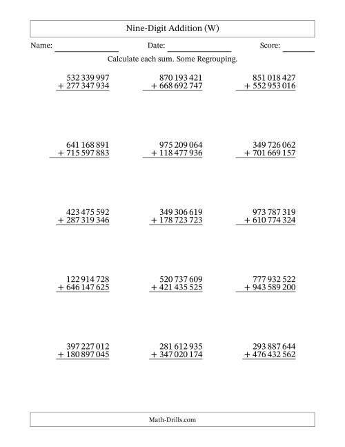 The Nine-Digit Addition With Some Regrouping – 15 Questions – Space Separated Thousands (W) Math Worksheet