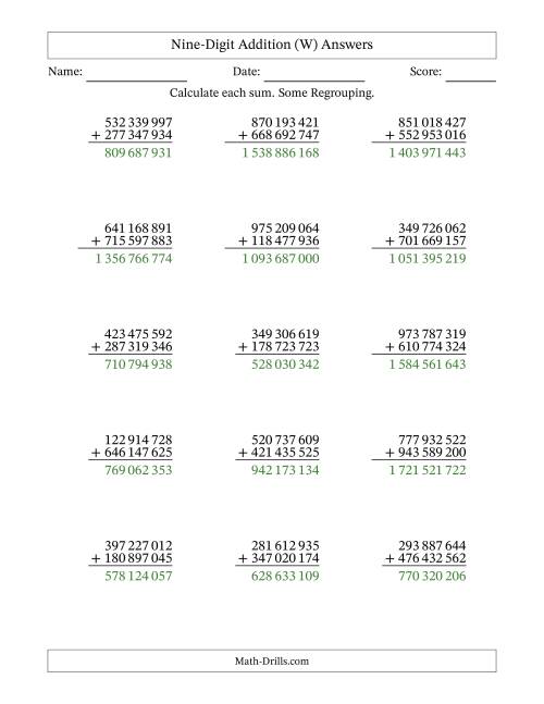 The Nine-Digit Addition With Some Regrouping – 15 Questions – Space Separated Thousands (W) Math Worksheet Page 2