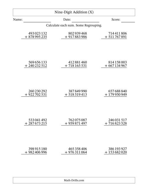 The Nine-Digit Addition With Some Regrouping – 15 Questions – Space Separated Thousands (X) Math Worksheet