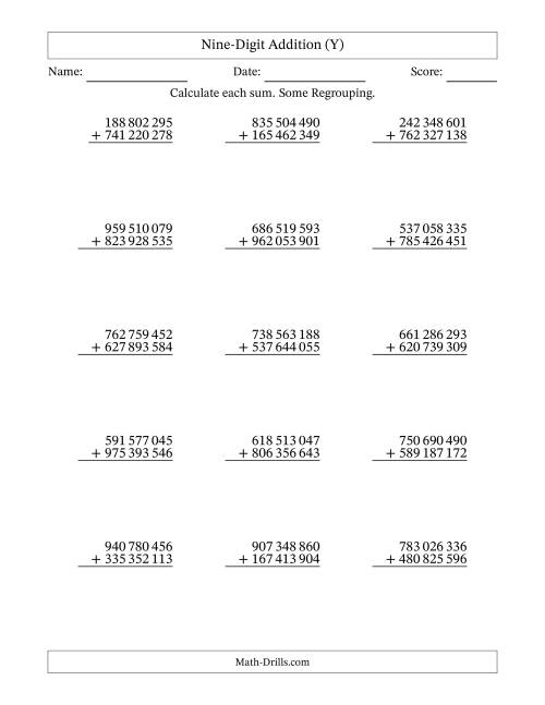 The Nine-Digit Addition With Some Regrouping – 15 Questions – Space Separated Thousands (Y) Math Worksheet