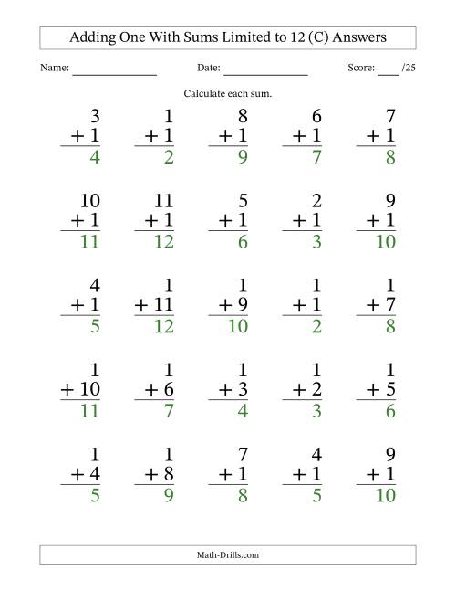 The Adding One to Single-Digit Numbers With Sums Limited to 12 – 25 Large Print Questions (C) Math Worksheet Page 2