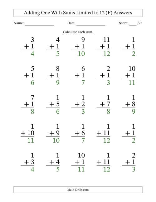 The Adding One to Single-Digit Numbers With Sums Limited to 12 – 25 Large Print Questions (F) Math Worksheet Page 2