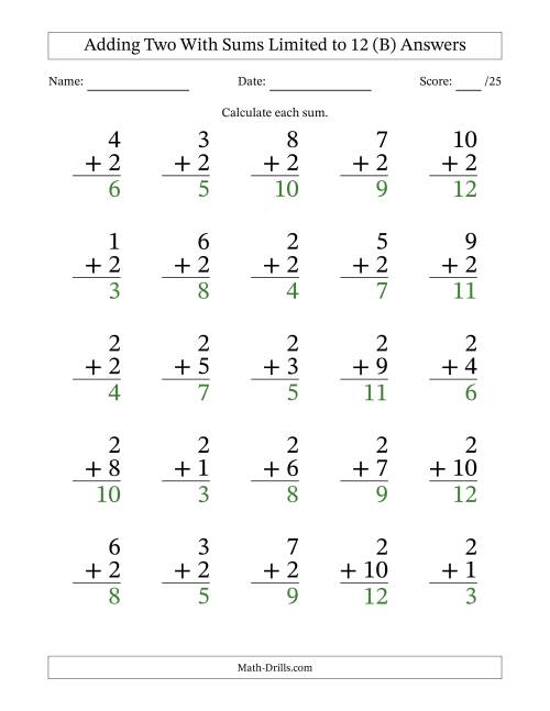 The Adding Two to Single-Digit Numbers With Sums Limited to 12 – 25 Large Print Questions (B) Math Worksheet Page 2