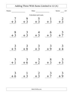 25 Vertical Adding 3's Questions with Sums up to 12 (A) Addition Worksheet