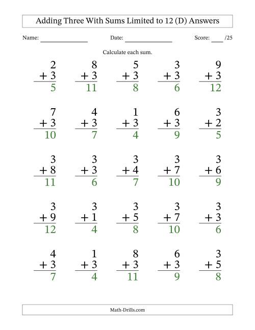 25 Vertical Adding 3's Questions with Sums up to 12 (D)