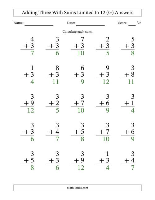 25 Vertical Adding 3's Questions with Sums up to 12 (G)