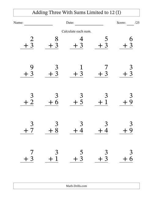 25 Vertical Adding 3's Questions with Sums up to 12 (I)