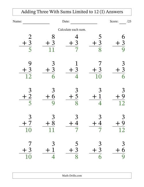 25 Vertical Adding 3's Questions with Sums up to 12 (I)