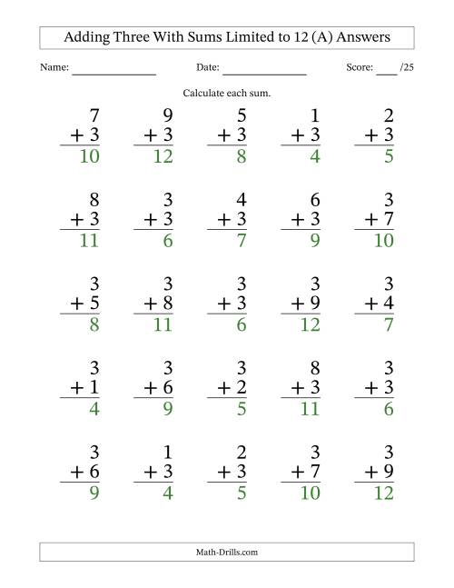 The Adding Three to Single-Digit Numbers With Sums Limited to 12 – 25 Large Print Questions (All) Math Worksheet Page 2