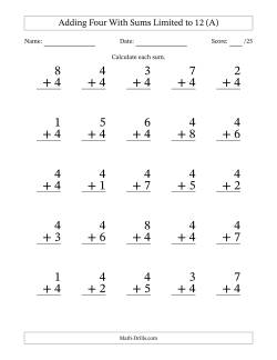 Adding Four to Single-Digit Numbers With Sums Limited to 12 – 25 Large Print Questions