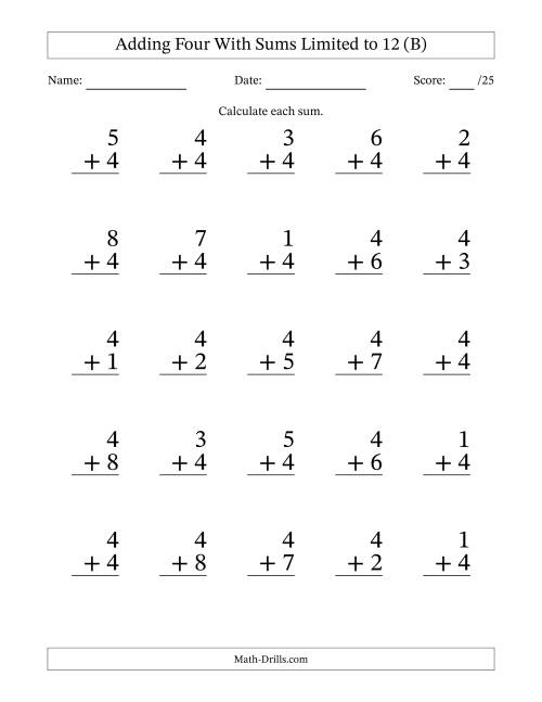 25 Vertical Adding 4's Questions with Sums up to 12 (B)