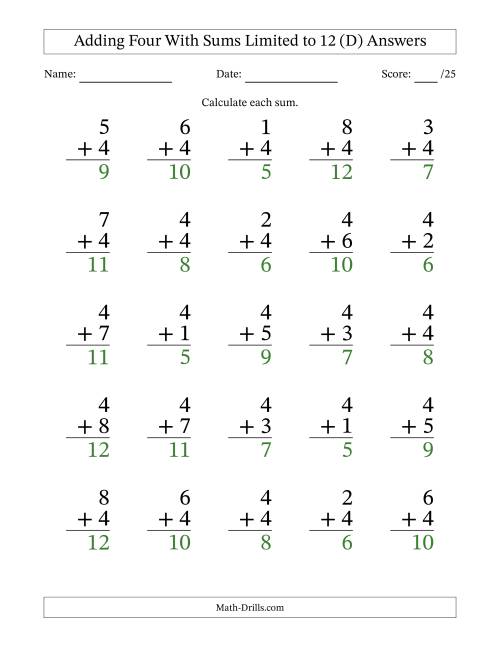 The Adding Four to Single-Digit Numbers With Sums Limited to 12 – 25 Large Print Questions (D) Math Worksheet Page 2