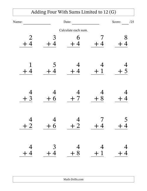 25 Vertical Adding 4's Questions with Sums up to 12 (G)