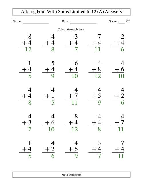 The Adding Four to Single-Digit Numbers With Sums Limited to 12 – 25 Large Print Questions (All) Math Worksheet Page 2