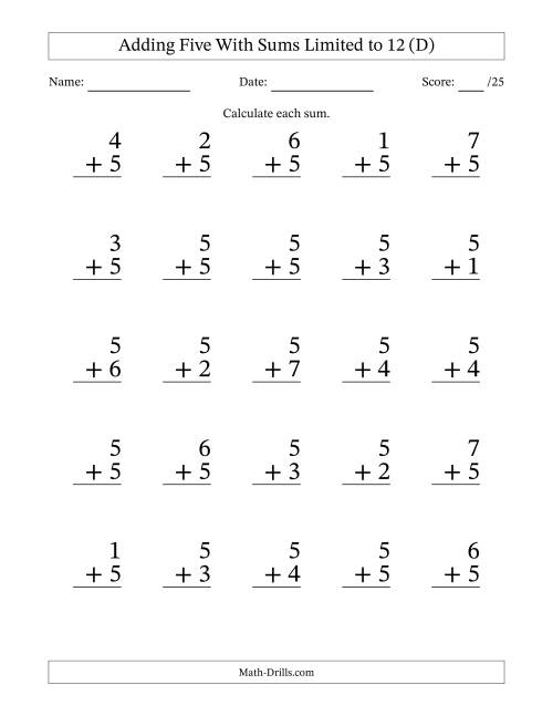 25 Vertical Adding 5's Questions with Sums up to 12 (D)