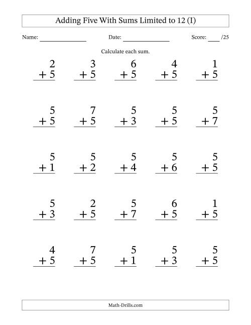 25 Vertical Adding 5's Questions with Sums up to 12 (I)