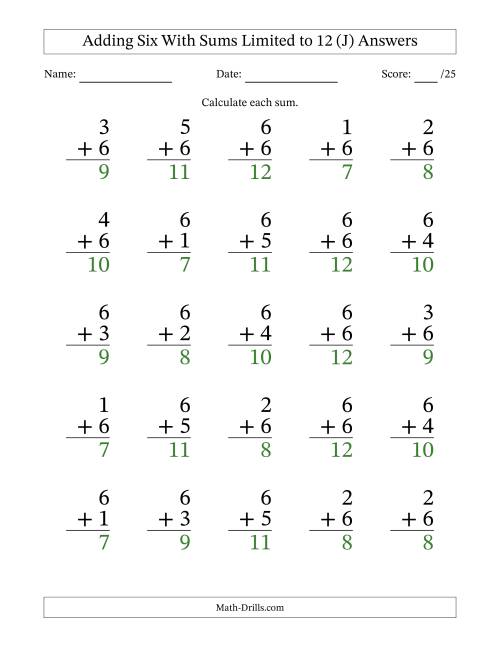 The Adding Six to Single-Digit Numbers With Sums Limited to 12 – 25 Large Print Questions (J) Math Worksheet Page 2