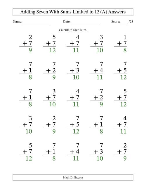 The Adding Seven to Single-Digit Numbers With Sums Limited to 12 – 25 Large Print Questions (A) Math Worksheet Page 2