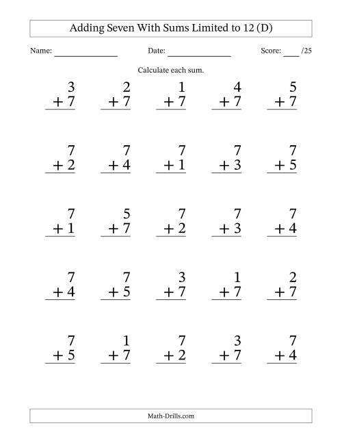 25 Vertical Adding 7's Questions with Sums up to 12 (D)