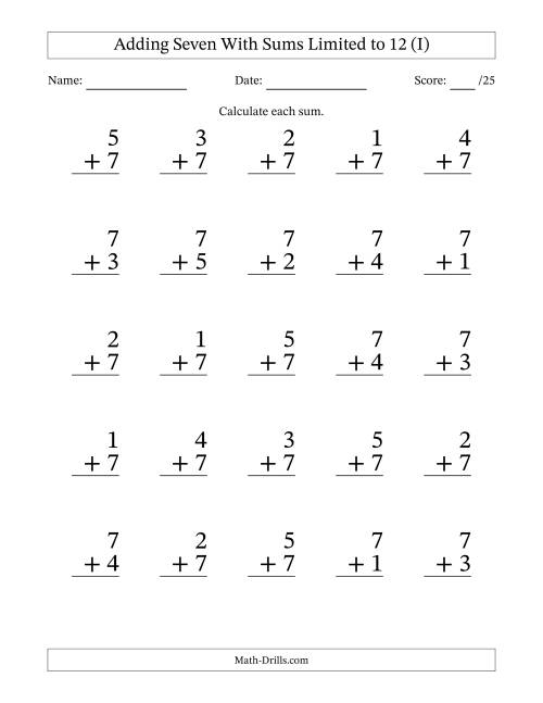 25 Vertical Adding 7's Questions With Sums Up To 12 (i)